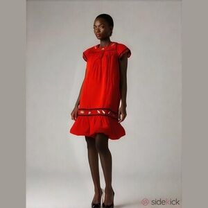 Cabernet ruffle hem frogs house dress red mini micro oversized ladybugs granny